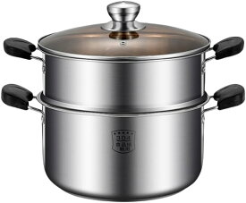 蒸し器 両手鍋 蒸し料理 スープポット スチームクッカー 一段/二段 家庭用 ガラス鍋蓋付 大容量 ガス火IH対応 耐久性 お手入れ簡単 高速熱伝導 対応熱源:IH対応 各種熱源対応 三つサイズ ガラス鍋蓋付 ステンレス (24cm/24cm/26cm 二段)