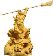 置物 木彫り 三国志 関羽 雲長 関羽像 武財神 青龍偃月刀 柘植の木 （高さ12.5cm×巾8cm×奥行5cm） (原木)