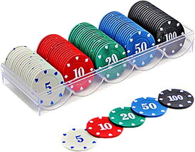 【ポイント★5倍UP！】カジノチップセット 100枚 カジノコイン アクリルケース付 ポーカー ブラックジャック テーブルゲーム (5色セット)