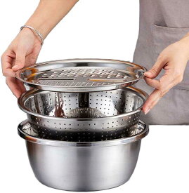 水切りかご 3点セット ボウル 水切りボール ざる 多機能水切り3点セット 水切り 千切りストレーナーボウル 直径26cm キッチン スライサーカッター ステンレス食器洗いボールセットフィルター ステンレスシュレッダー洗面器 お手入れが簡単 耐磨耗 便利 多機能 耐高温