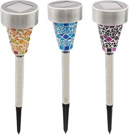 【ステンドグラス風 ソーラーガーデンライト 3 本セット】自動点灯・消灯機能付き 屋外向け 防水設計 庭園・ガーデン・バルコニー用 自然光で充電 環境に優しい デコ照明 クラシック風 ガラスデザイン 夜間のロマンを演出する 長時間照明可能 簡単設置 プレゼントにも最適