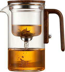 ティーポット ガラス製ティーポット 磁気ティーポット 木製ハンドル付き水分離ガラスティーポット、魔術ティーポット、注入器付きガラスティーポット、ルーズティー用プレスコントロールマジカルティーポット800ml
