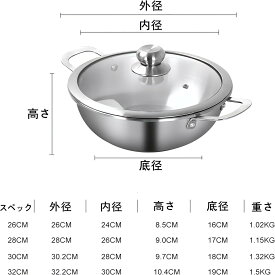 両手鍋 スープポット 厚い鍋 スプーン付き ステンレスフライパン ガラス蓋付 底面3層構造 IH対応 多目的ストックポット 卓上調理鍋 煮込み料理 パスタ カレー・シチューポット
