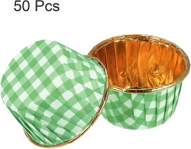 カップケーキカップ アルミホイル 標準 カップケーキライナー カップケーキベーキングカップ 誕生日パーティー 結婚式の装飾用 黄金色 緑 チェック柄 50個