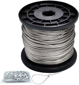 ステンレスロープ 1mm 100m アルミスリーブ付き30個 構成7×7（SUS304）ステンレスワイヤロープ 軟らかい 耐錆性に優れ 配線 漁業 工事 固定 地震対策 落下防止 林業 DIY 柵 (直径1.0mm 長さ100mアルミスリーブ30個入り)