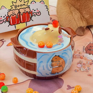 電子レンジラーメンボウル、セラミックラージラーメンボウル、漫画カピバラセラミックヌードルボウル、蓋付きスープカップ、大容量朝食シリアルボウル、ハンドル付き電子レンジ対応、