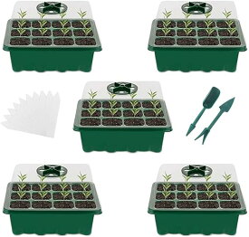 育苗ポット 育苗トレイ 12穴育苗 育苗ポット5点（合計60セル＝60苗分）＋ホワイトラベル10個+移植ツール2個 園芸用品 種まきハウス 種まき器 透明カバー 育苗ボックス 野菜栽培 苗トレーに適しています