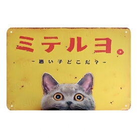 【ミテルヨ 悪い子どこだ】看板 20*30cm 四隅穴あき加工済み レトロ風 かわいい ねこ 横看板 監視カメラ 作動中 録画中 屋外 オーダー セキュリティ看板 日本語 標識 案内板 迷惑行為防止対策 私有地 幼稚園 保育園 小学校 公園 遊び場 学童施設