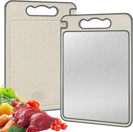 まな板 両面使える 多機能カッティングボード ステンレス面＆PP面 36.5*25cm ダブル材質 分けて使える 両面使用 生肉 魚 果物 野菜用 にんにくおろし器 しょうがおろし器 シャープナー付き すりおろし機能 滑り止め 水洗い キッチン用業務用
