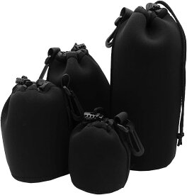一眼レフカメラ用 レンズ収納袋 4サイズセット レンズポーチ 巾着型 厚手 耐衝撃性 防水 フック付き