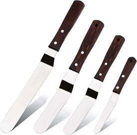 オフセットケーキアイシングスパチュラ4点セット 4インチ 6インチ 8インチ 10インチ プロフェッショナルステンレススチールケーキデコレーションフロスティングスパチュラ 木製ハンドル付き