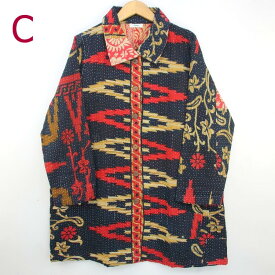 【送料無料】藍染　ラリーキルト　ロングジャケット　刺し子　ヴィンテージ　カンタ刺繍　インド　キルト　アンティークサリー