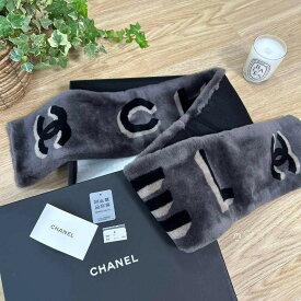 【中古】シャネル CHANEL ムートンロゴマフラー ココマークストール グレージュ