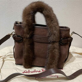 【中古】 Salvatore Ferragamo サルウ゛ァトーレフェラガモ DH-21 5826 スエード ミンクファー ハンドバッグ ブラウン
