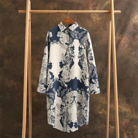 シャツ ロングシャツ ロング丈 チュニック チュニックシャツ トップス ワンピース レディース 水墨 プリント 前開き 長袖 シンプル 着痩せ 綿麻 ゆったり おしゃれ レトロ エスニック カジュアル 30代 40代 50代 大きいサイズ 体型カバー 春 秋 可愛い 大人 送料無料