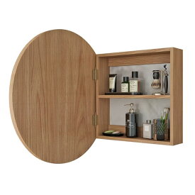 バスルームラウンドミラーキャビネット 無垢材のバスルーム壁掛けミラーボックス 鏡付き照明付き薬棚 内部ミラー付き収納ウォールキャビネット バスルームウォー