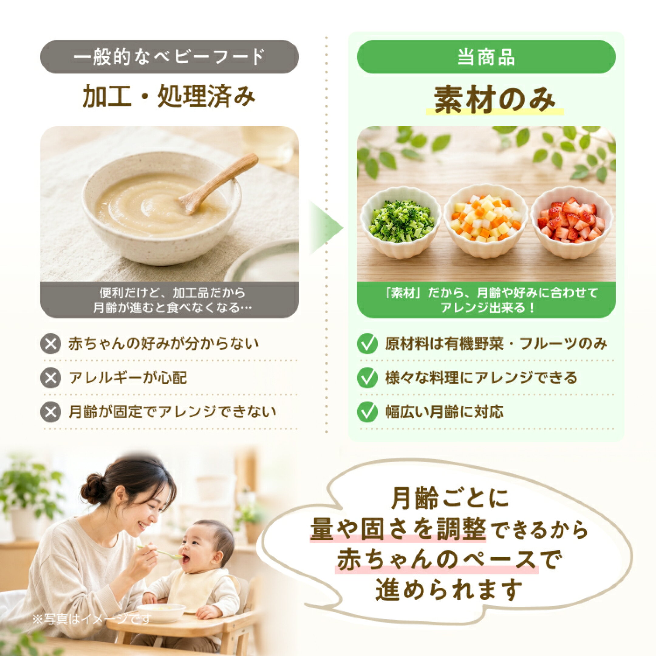 一般的なベビーフードでは加工済みなので月齢に合わせてのアレンジができないですが、当商品は素材なので月齢ごとに 量や固さを調整できるから赤ちゃんのペースで離乳食を進められます