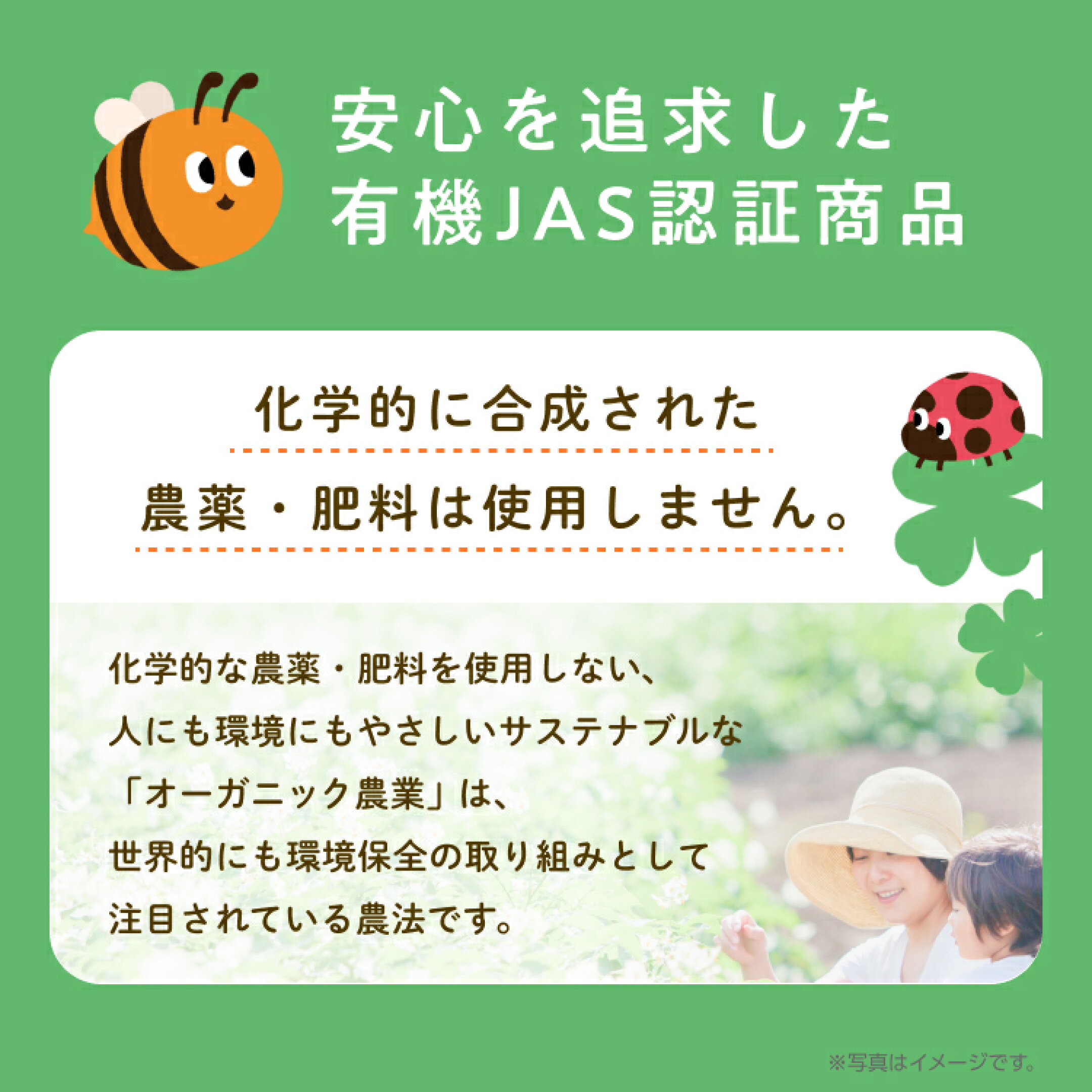 安心を追求した有機JAS認証商品です。化学的な農薬・肥料を使用しない、人にも環境にもやさしいサステナブルな「オーガニック農業」。