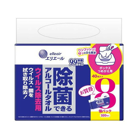 エリエール 除菌できるアルコールタオル ウイルス除去用 ボックス つめかえ用 40枚入*8個パック 【エリエール】 ティッシュ