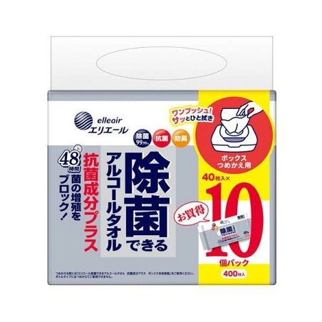エリエール 除菌できるアルコールタオル 抗菌成分プラス ボックスつめかえ用 40枚入×10個パック 【エリエール】 ティッシュ
