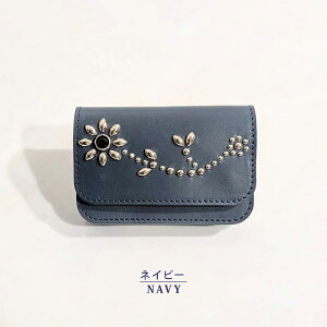 【日本製 栃木レザー】フラワー スタッズ ショート トラッカー ウォレット ジーンズ 本革 牛革 財布 スリム ミニ 経年変化 コンパクト 小さめ 二つ折り カード収納 小物 小銭入れ ブラック