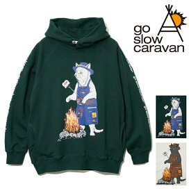 パーカー レディース メンズ ネコ 猫 焚火 マシュマロ アニマル プリント スウェット パーカ go slow caravan ラグランクルー スウェット ゴースローキャラバン ロングスリーブ 長袖 綿100% 空紡糸裏毛 ヘビーウェイト 男女兼用 ユニセックス トップス アウトドア キャンプ