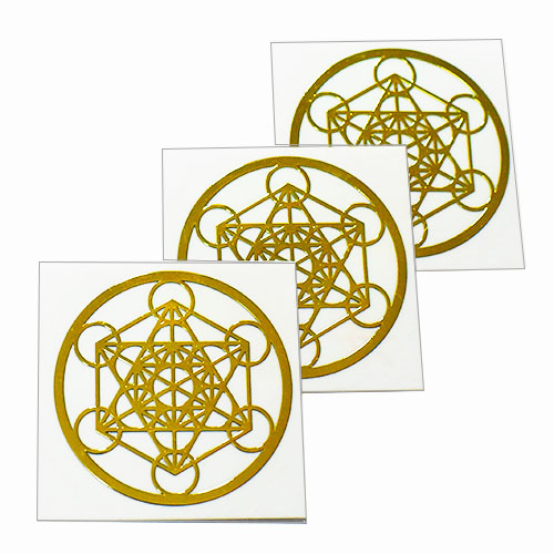 古代神聖幾何学 メタトロンキューブ 金色 メタル（金属） ステッカー 直径：３ｃｍ ３枚セット 幾何学模様