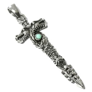 チベット密教 法具 双竜(ダブルドラゴン) 金剛杭(プルパ) ターコイズ スターリングシルバー ペンダントトップ【送料無料】