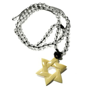 【一点物】六芒星(ダビデの星) マンモス牙 化石 彫刻 天然水晶 ビーズ ネックレス【送料無料】