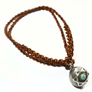 【一点物】バリ島 ガムランボール 六芒星(ダビデの星) ターコイズ 編み込み紐 ネックレス オレンジ【送料無料】¬