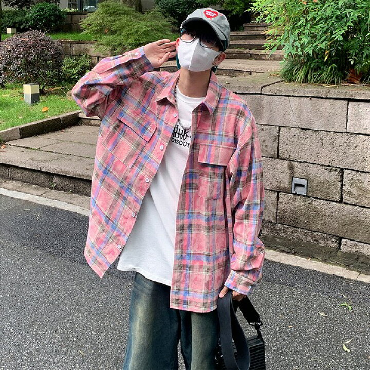 楽天市場 メンズファッション チェック柄 長袖シャツ 男女兼用 ストリート系 アウター 春秋 2024新作 ドレミファソラ・ねこ