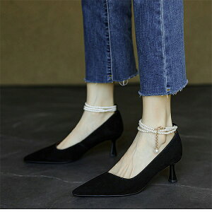 超人気ins話題 気質 ポインテッドトゥ ハイヒール キック ピンヒール 真皮 細踵 単靴 数珠 上品映え