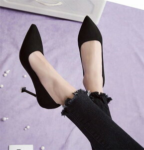 秋 気質 ブラック スエード 浅い口 とがった頭 ワイングラスヒール ハイヒール