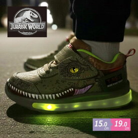 光る【JURASSIC WORLD　キッズ　ティラノサウルス　フラッシュ　スニーカー　BR】ジュラシック　ワールド　光る靴　クツ　恐竜　Tレックス　靴　シューズ　15cm 16cm 17cm 18cm 19cm　柄　パーク　運動靴　ダイナソー　くつ　グッズ　新たなる支配者　フラッシュ