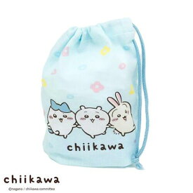 OK【ちいかわ　日本製　コップ袋　花柄　ブルー　日本製】キャラクター　ランチ　グッズ　給食　弁当　おべんとう　お弁当　弁当　巾着　袋　コップ入れ　ランチ巾着　小物入れ　食事　ごはん　ハミガキ　ハチワレ　うさぎ