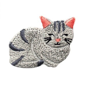 PO【猫 ワッペン グレー 23414】子ども こども 子供 刺繍ワッペン 刺繍 アップリケ シールワッペン シール デコシール かばん リメイク スモック レッスンバッグ アイロ