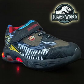 特価【JURASSIC WORLD　光る　キッズ　ティラノサウルス　フラッシュ　スニーカー　20102-01 BK】ジュラシック　ワールド　光る靴　恐竜　Tレックス　靴　シューズ　15cm 16cm 17cm 18cm 19cm　柄　男の子　男児　運動靴　ダイナソー　くつ　グッズ　新たなる支配者