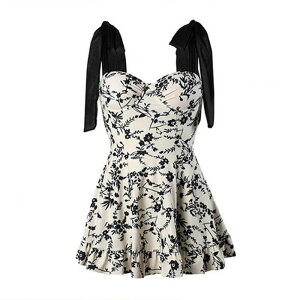 レディース水着 ワンピース水着 オールインワン水着 一体型 スカート 体型カバー バックレス 蝶結び付き セクシー 韓国風 花柄 カップ付き 海水浴 旅行 水泳 レディース 無袖 体型カバー マ