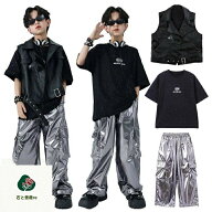 男の子 キッズ ダンス衣装 レザー ベスト ヒップホップ hip-hop3点セット ブラック スパンコール キラキ…