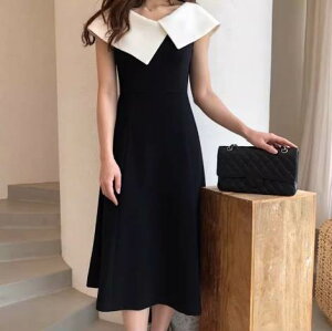 脚長 Aライン ビッグカラー ワンピース レディース ワンピドレス ひざ下 袖なし 腕出し 襟付き 肩だし 立体的 ブラック 黒 ホワ