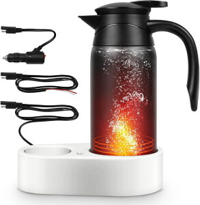 電気ケトル 車載ポット 車載電気ポット 車用電気ポット 電気ポット 保温ポット キャンプ用品 トラック用品 車中泊 旅行用 長距離ドライブ 800ml 二重ステンレス鋼 ケトルベース付き 収納可能