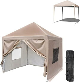 ADVANCE OUTDOOR ワンタッチ タープテント 3段階調節 3M/2.5M/2M UVカット 耐水 スチール キャンプ アウトドア 耐水専用横幕/サイドシート4枚付属 テント キャンプ用品 ワンタッチテント タープ(ベージュ3M)