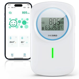 INKBIRD Bluetooth ��_���Y�f���o�� ��C�����j�^�[ CO2���j�^�[ ���x�v ���x�v �A�v���A�g �f���A���A���[�� ���Ɖ��ł��m�点 LCD�o�b�N���C�g �ƒ�p �I�t�B�X�p IAM-T2