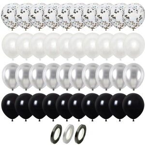LKCCTK風船40個セットリボン付きラテックスバルーン誕生日結婚式パーティー装飾用黒/シルバー/アイボリー/半透明キラキラ光る