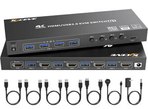 KCEVE HDMI USB3.0 KVM�X�C�b�` 4����1�o�́A4K@60Hz�Ή� EDID�G�~�����[�V�������ځAUSB3.0�|�[�gx4�A4��PC��1�䃂�j�^�[�ؑցA�L�[�{�[�h �}�E�X���L�A�h���C�o�[�s�v�A�茳�X�C�b�`�t��