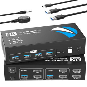 KVM�X�C�b�` DisplayPort 2����2�o�� 8K@60Hz KVM �ؑ֊� �p�\�R��2�䃂�j�^�[2��؂�ւ� USB �؂�ւ��� PC2��p