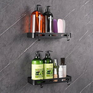 浴室用ラックシャワーラックバスルーム洗面所浴室収納水切りお風呂の壁にフック付き約W40XD15XH5cm大きい強力粘着固定接着剤ネジ付き取り付け2WAYブラック2段式