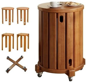 EastEamilyスツール4脚セットスタッキングチェアキャスター付き直径36cmx高さ54cm天然木4in1ダイニングチェアサイドテーブル多機能重ね収納食卓椅子丸イスいすおしゃれ省スペース玄関キッチ…