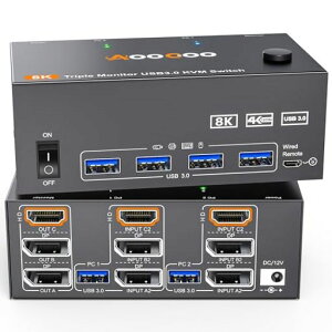 8K KVM�ؑ֊� 2PC 3���j�^�[�A�~���[/�g�����[�h HDMI + DP�|�[�g (8K@30Hz/4k@144Hz) USB3.0�|�[�g KVM Switch PC2��ƃf�B�X�v���C3��Ή� �L�[�{�[�h�A�}�E�X��2PC�ŋ��L �h���C�o�[�s�v