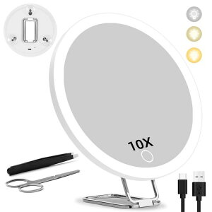 鏡拡大鏡メイク10倍ライト付きミラー化粧鏡360°調整可能なブランケット付き卓上鏡3光色無段階調光USB充電式コンパクト収納便利持ち運び便利【卓上ミラー/手鏡/吊り下げ式ミラー3in1】ピ…